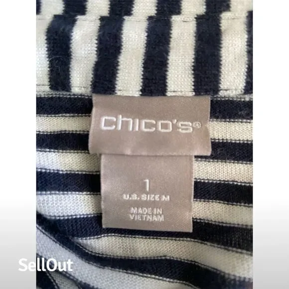 Chico's Women's Striped Linen Blouse Navy White 3/4 Sleeve Size 1 - Picture 3 of 4